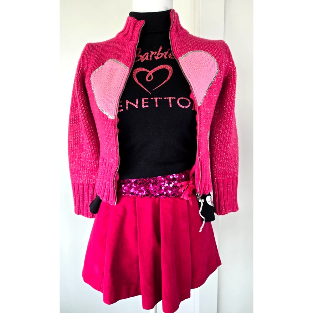 Benetton Barbie Sweater Turtle Neck Top Skirt Set Pink Black Beaded Sz M (7-8)